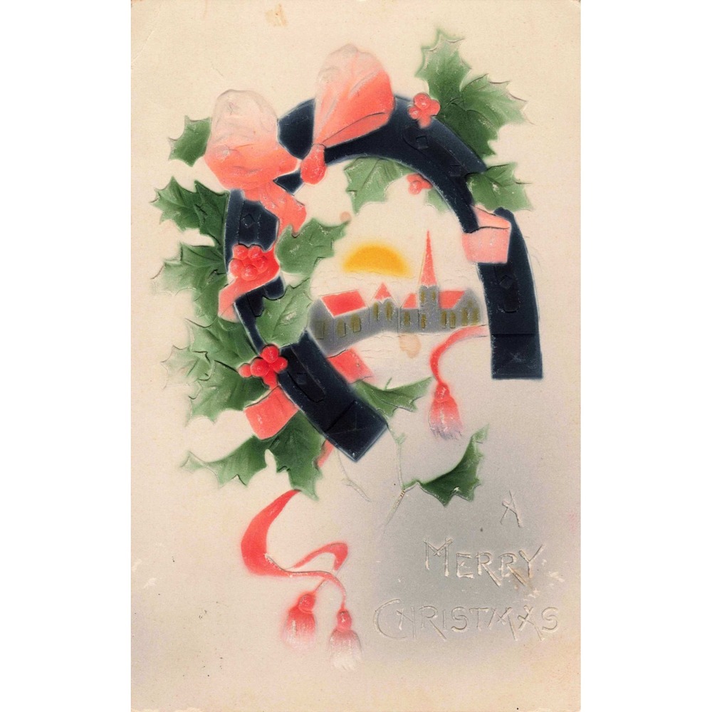 Christmas Postcard Embossed Horseshoe Holly Winter Village Church Antique 1908